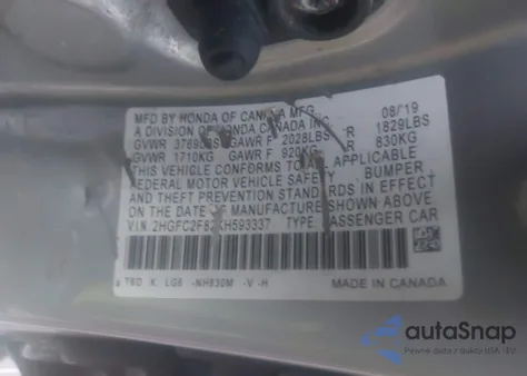 2019 Honda Civic Sport z USA, uszkodzony, nr VIN 2HGFC2F82KH593337